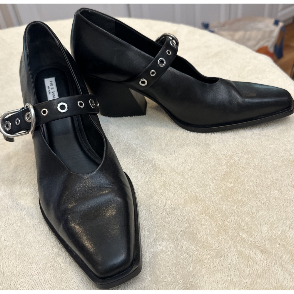Rag & Bone Joni Black Leather‎ Square Toe Mary Jane Pumps 11 Buckle Slanted Heel - Picture 7 of 12